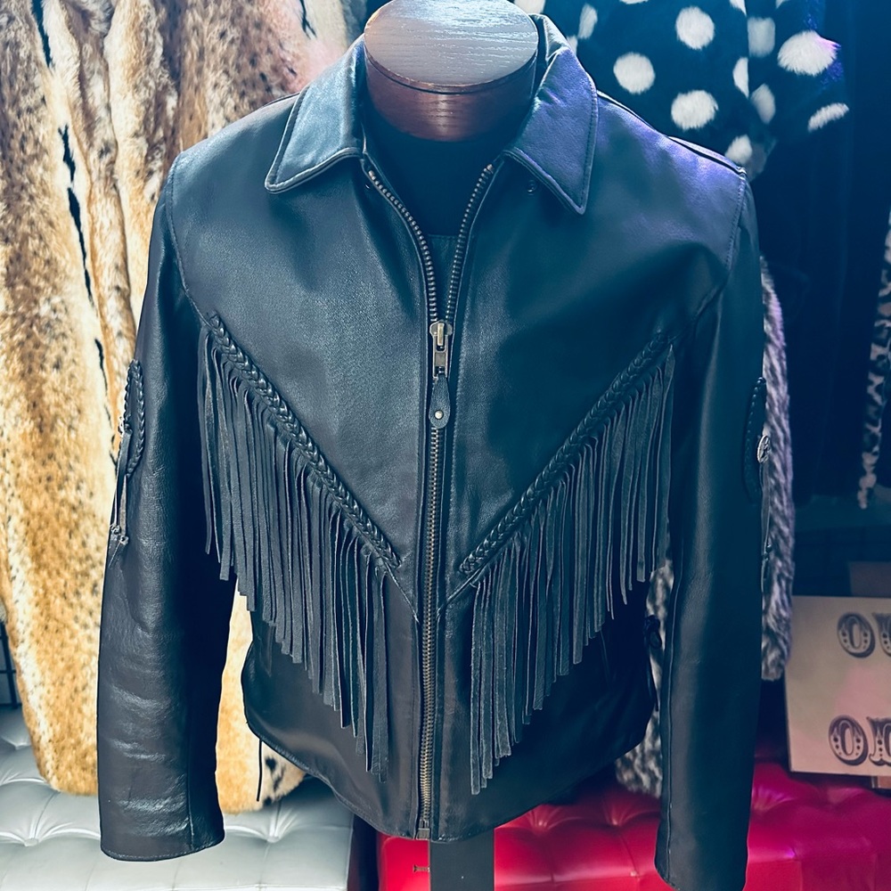 Vintage Unbranded Thick Black Leather Fringe Jacket